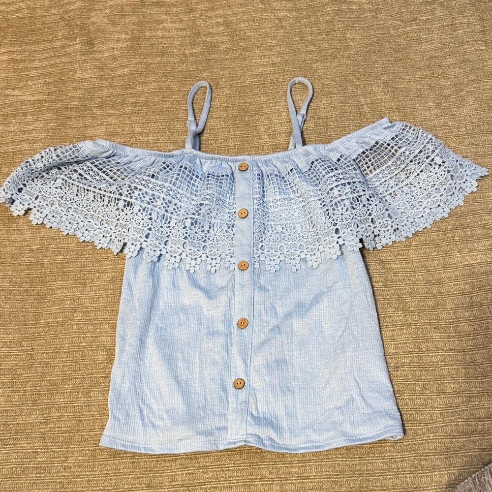 No Boundaries Light Blue Crochet-Trim Off-Shoulder Camisole with Buttons
